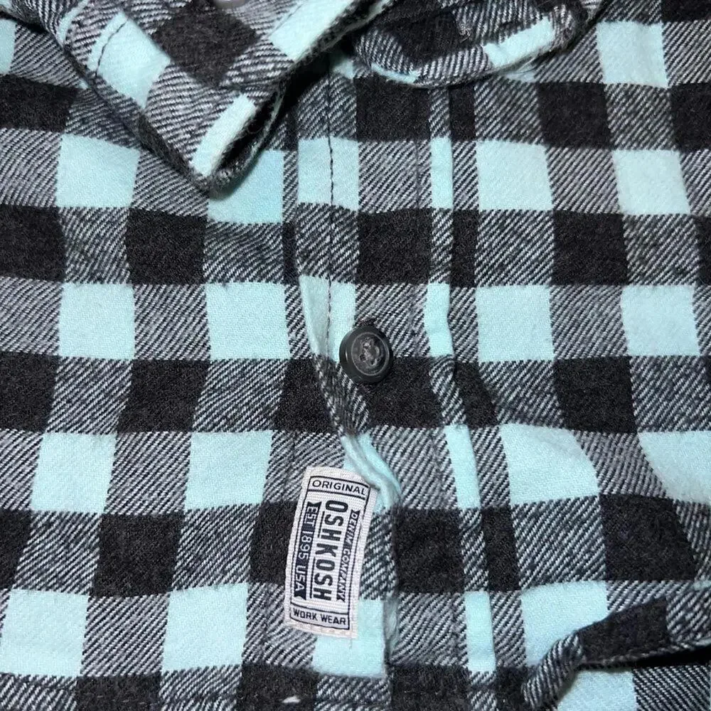 OshKosh B'gosh Toddler 5T Mint Green Black Plaid‎ 100% Cotton Flannel Shirt